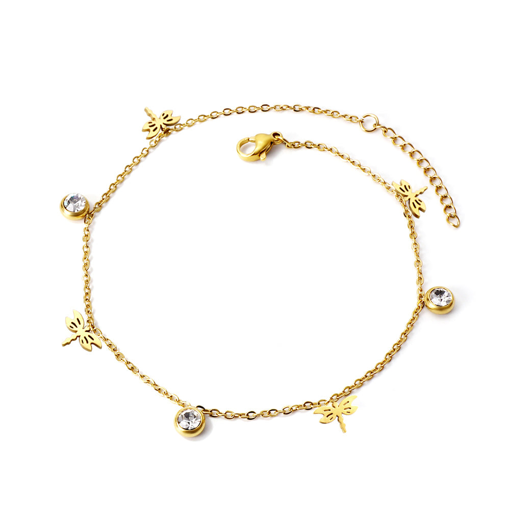 White Stone & Dragonfly Anklet | 18K Gold