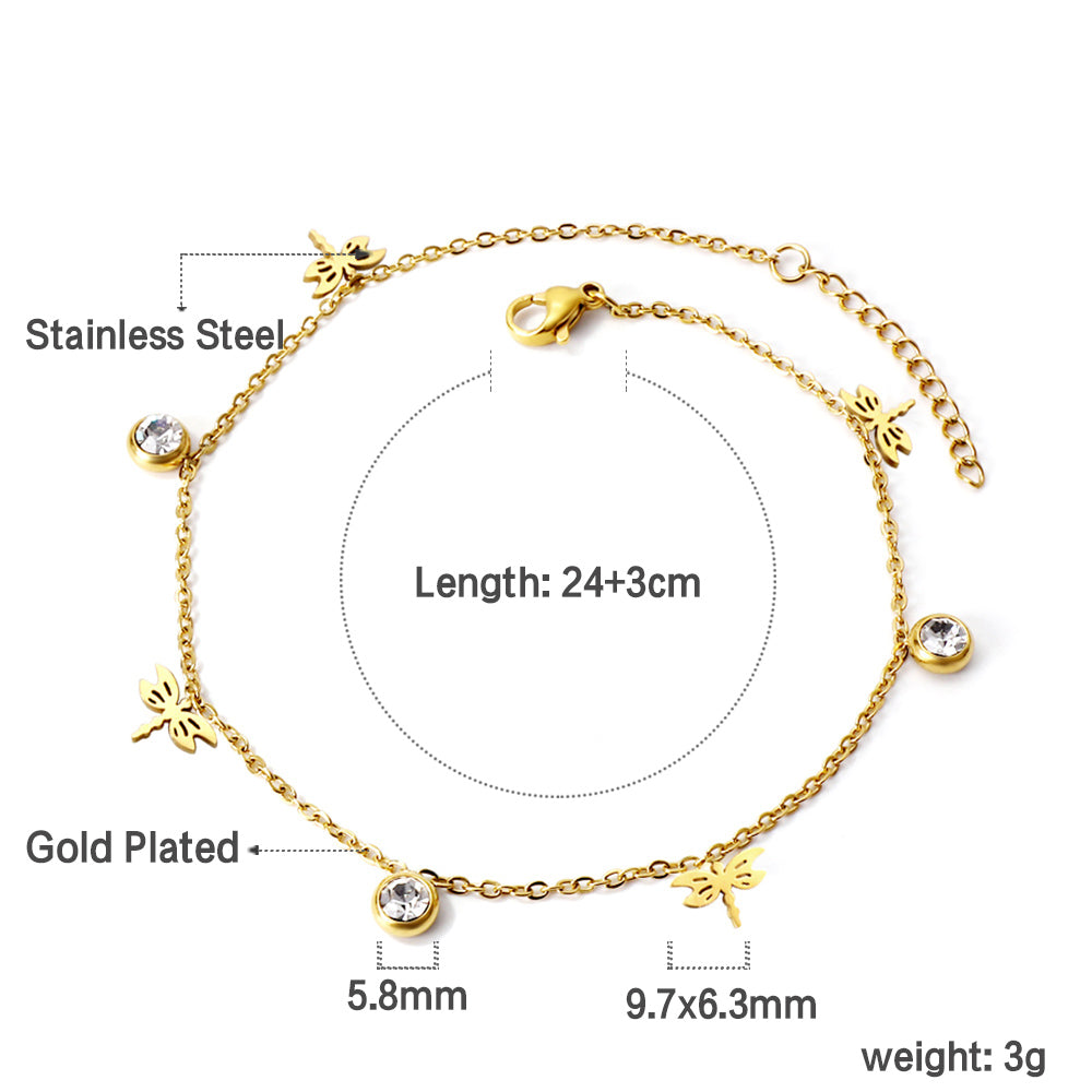White Stone & Dragonfly Anklet | 18K Gold
