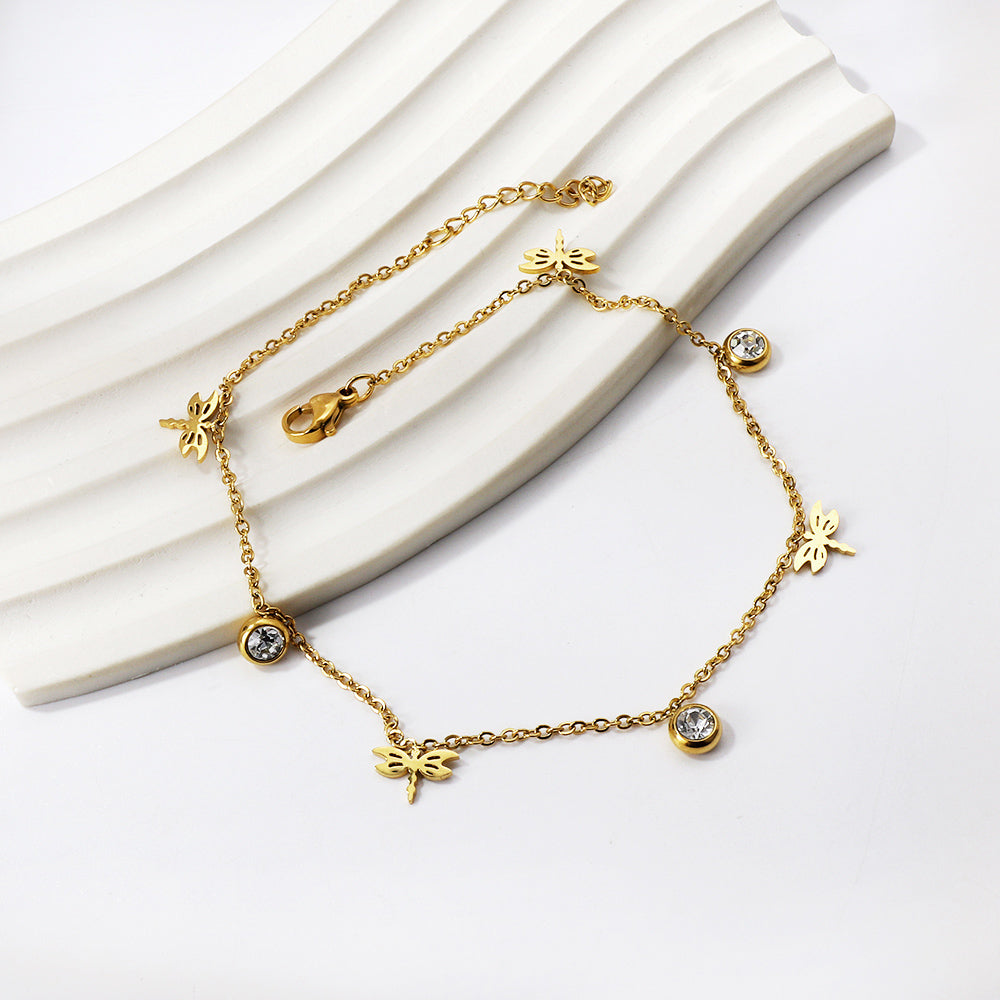 White Stone & Dragonfly Anklet | 18K Gold