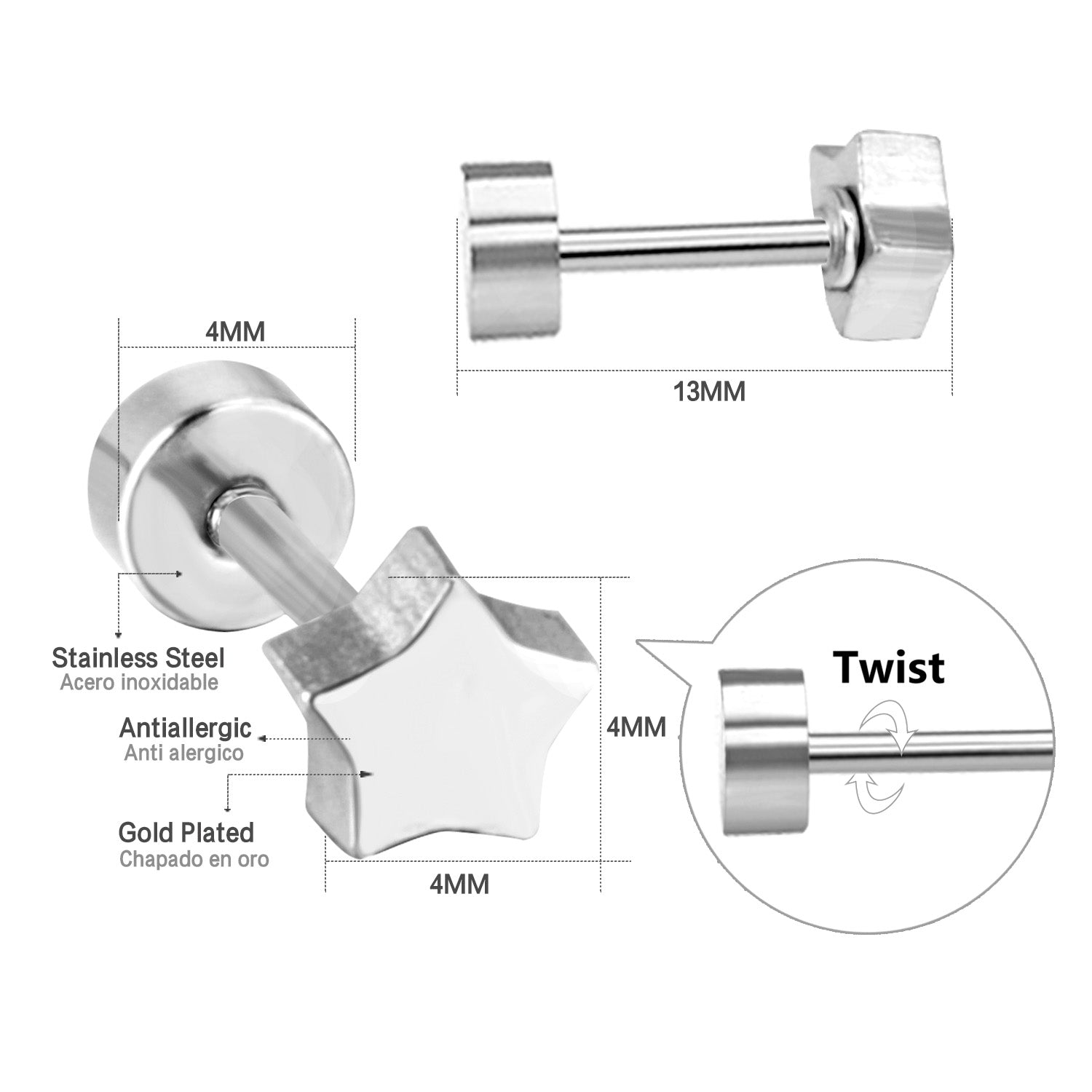 Star Shape Screw Earring | Stainless Steel